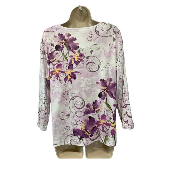 Pleasant Shade Womens Top XL Long Sleeve Floral Embellished Stretch Round Neck - Picture 2 of 8